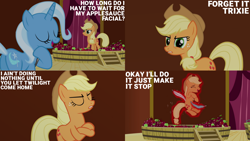 Size: 1280x720 | Tagged: safe, edit, edited screencap, editor:quoterific, imported from derpibooru, screencap, applejack, trixie, earth pony, pony, unicorn, magic duel, season 3, apple, applejack's hat, cowboy hat, crossed hooves, evil trixie, eyes closed, feather, female, food, hat, laughing, magic, mare, open mouth, open smile, ponyville town hall, smiling, telekinesis, tickling