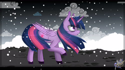 Size: 3264x1836 | Tagged: safe, artist:herusann, imported from derpibooru, twilight sparkle, alicorn, pony, bags under eyes, eye clipping through hair, eyebrows, eyebrows visible through hair, female, frown, high res, horn, mare, outdoors, raised hoof, snow, snowfall, solo, twilight sparkle (alicorn), wings