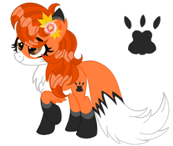 Size: 910x768 | Tagged: safe, artist:madlilon2051, artist:mint-light, imported from derpibooru, oc, oc only, fox, fox pony, hybrid, pony, base used, chest fluff, countershading, eyelashes, female, flower, flower in hair, paw prints, raised hoof, simple background, smiling, transparent background