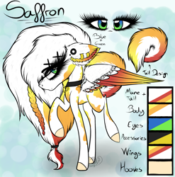 Size: 2225x2250 | Tagged: safe, artist:beamybutt, imported from derpibooru, oc, oc only, oc:saffron, pegasus, pony, choker, colored hooves, colored wings, ear fluff, ear piercing, earring, eyelashes, female, high res, jewelry, mare, pegasus oc, piercing, raised hoof, reference sheet, two toned wings, wings