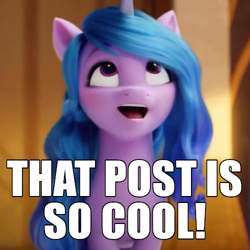 Size: 500x500 | Tagged: safe, edit, imported from derpibooru, screencap, izzy moonbow, pony, unicorn, spoiler:my little pony: a new generation, caption, castle, cropped, cute, female, g5, happy, image macro, izzybetes, looking at something, mare, motivational, my little pony: a new generation, smiling, solo, text, zephyr heights