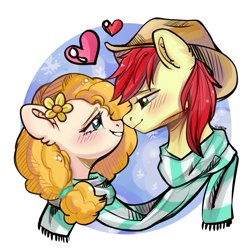 Size: 1181x1181 | Tagged: safe, artist:xi wen, imported from derpibooru, bright mac, pear butter, earth pony, pony, apple family member, blushing, brightbutter, clothes, female, filly, floating heart, heart, looking into each others eyes, love, male, mare, scarf, shared clothing, shared scarf, shipping, stallion, straight