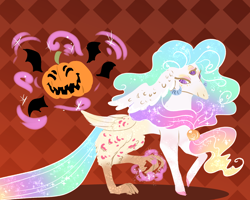 Size: 1500x1200 | Tagged: safe, artist:miyalaflordorada, imported from derpibooru, princess celestia, draconequus, celestequus, chaos magic, draconequified, female, halloween, holiday, jack-o-lantern, ponytober, pumpkin, solo, species swap, swirly eyes, three eyes