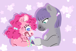 Size: 1500x1000 | Tagged: safe, artist:miyalaflordorada, imported from derpibooru, maud pie, pinkie pie, earth pony, pony, abstract background, bracelet, chest fluff, female, filly, filly maud pie, filly pinkie pie, friendship bracelet, jewelry, pigtails, ponytober, rock candy, sister, younger