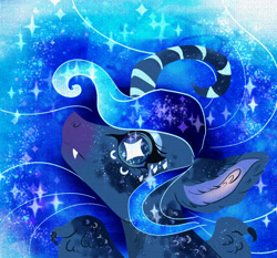 Size: 1500x1400 | Tagged: safe, artist:miyalaflordorada, imported from derpibooru, princess luna, alicorn, pony, bust, claws, curved horn, ear fluff, ethereal mane, fangs, female, horn, mare, ponytober, solo, starry eyes, starry mane, wing claws, wingding eyes, wings