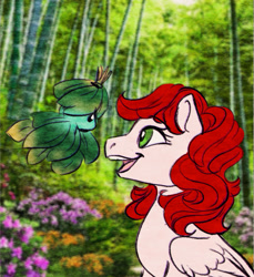 Size: 1280x1400 | Tagged: safe, artist:miyalaflordorada, imported from derpibooru, paradise, pegasus, pony, cute, duo, female, forest, forest spirit, g1, g1 to g4, g4, generation leap, mare, open mouth, open smile, paradawwse, ponytober, real life background, smiling, sprite