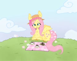 Size: 1024x815 | Tagged: safe, artist:zukii-drazu, imported from derpibooru, fluttershy, pegasus, pony, chest fluff, cookie, cup, cute, female, flower, flower in tail, food, grass, hat, looking at you, lying down, mare, picnic blanket, plate, prone, shyabetes, solo, sun hat, tail, teacup, unshorn fetlocks