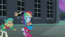 Size: 3410x1920 | Tagged: safe, imported from derpibooru, screencap, rainbow dash, snails, equestria girls, equestria girls (movie), :p, belt, big crown thingy, boots, clothes, cutie mark, cutie mark on clothes, element of magic, fall formal outfits, female, fingerless gloves, gloves, high res, jewelry, male, night, regalia, shoes, sleeveless, tongue out