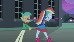 Size: 3410x1920 | Tagged: safe, imported from derpibooru, screencap, rainbow dash, snails, equestria girls, equestria girls (movie), belt, boots, clothes, eyes closed, fall formal outfits, female, fingerless gloves, gloves, high res, male, night, open mouth, shoes, sleeveless