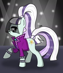 Size: 1722x2003 | Tagged: safe, artist:banquo0, imported from derpibooru, coloratura, earth pony, pony, bracelet, clothes, countess coloratura, female, jacket, jewelry, raised hoof, solo, spiked wristband, veil, wristband