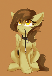 Size: 1942x2844 | Tagged: safe, artist:jazzynsfw, imported from derpibooru, oc, oc only, oc:static spark, pegasus, pony, blushing, brown background, collar, female, leash, mare, mouth hold, pegasus oc, pet play, pet tag, simple background, sitting, solo, wings