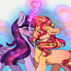 Size: 1280x1280 | Tagged: safe, artist:kirillllh, imported from derpibooru, sunset shimmer, twilight sparkle, alicorn, unicorn, equestria girls, female, heart, kissing, lesbian, magic, magic aura, missing cutie mark, shipping, sunsetsparkle, twilight sparkle (alicorn)