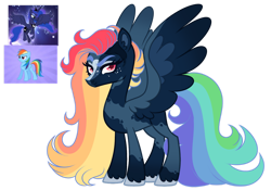 Size: 1280x896 | Tagged: safe, artist:twilightpriincess, imported from derpibooru, princess luna, rainbow dash, oc, alicorn, pegasus, pony, base used, female, large wings, magical lesbian spawn, mare, multicolored hair, offspring, parent:princess luna, parent:rainbow dash, parents:lunadash, pegasus oc, rainbow hair, simple background, transparent background, wings