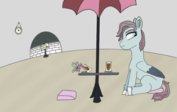 Size: 1080x681 | Tagged: safe, artist:twinet, imported from derpibooru, oc, oc only, oc:vanessa tonic, breezie, pegasus, pony, alcohol, clock, culture shock, female, g5, liquor, looking away, male, mare, mlp fim's eleventh anniversary, my little pony: a new generation, pegasus oc, restaurant, sitting, umbrella