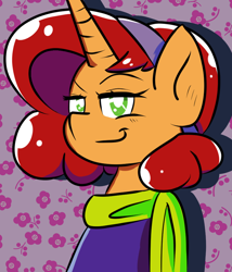 Size: 800x934 | Tagged: safe, alternate version, artist:tranzmuteproductions, imported from derpibooru, oc, oc only, oc:keyframe, pony, unicorn, abstract background, bust, clothes, cosplay, costume, crossover, daphne blake, female, horn, mare, scarf, scooby doo, smiling, smirk, solo, unicorn oc