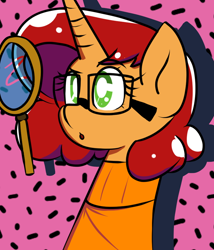 Size: 800x934 | Tagged: safe, alternate version, artist:tranzmuteproductions, imported from derpibooru, oc, oc only, oc:keyframe, pony, unicorn, :o, abstract background, bust, clothes, cosplay, costume, crossover, female, glasses, horn, magnifying glass, mare, open mouth, scooby doo, solo, unicorn oc, velma dinkley