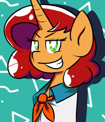 Size: 800x934 | Tagged: safe, alternate version, artist:tranzmuteproductions, imported from derpibooru, oc, oc only, oc:keyframe, pony, unicorn, abstract background, bust, clothes, cosplay, costume, crossover, female, fred jones, horn, mare, scooby doo, smiling, smirk, solo, unicorn oc