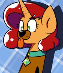 Size: 800x934 | Tagged: safe, alternate version, artist:tranzmuteproductions, imported from derpibooru, oc, oc only, oc:keyframe, pony, unicorn, :p, abstract background, bust, clothes, collar, cosplay, costume, crossover, female, horn, mare, scooby doo, smiling, solo, tongue out, unicorn oc