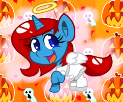 Size: 1024x847 | Tagged: safe, artist:tranzmuteproductions, imported from derpibooru, oc, oc only, alicorn, ghost, pony, undead, :d, alicorn oc, angel, female, halloween, halo, holiday, horn, jack-o-lantern, open mouth, open smile, pumpkin, smiling, solo, wings