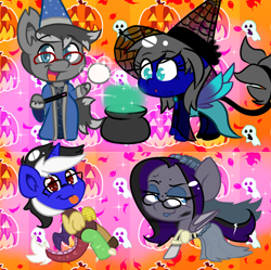 Size: 1408x1400 | Tagged: safe, artist:tranzmuteproductions, imported from derpibooru, discord, oc, bat pony, draconequus, pony, :d, bat pony oc, bat wings, bedroom eyes, bipedal, cauldron, clothes, cosplay, costume, female, glasses, halloween, hat, holiday, jack-o-lantern, magic wand, male, mare, open mouth, open smile, pumpkin, smiling, stallion, wide eyes, wings, witch hat