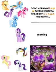 Size: 750x964 | Tagged: safe, artist:andoanimalia, artist:hendro107, editor:shreksbian, imported from derpibooru, applejack, discord, fluttershy, pinkie pie, rainbow dash, rarity, starlight glimmer, trixie, twilight sparkle, alicorn, butterfly, draconequus, earth pony, pegasus, unicorn, applejack's hat, cowboy hat, emoji, female, flower, good morning, hat, mane six, twilight sparkle (alicorn)