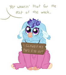 Size: 2810x3192 | Tagged: safe, artist:queenderpyturtle, imported from derpibooru, oc, oc only, oc:scrapjack, hippogriff, fledgeling, high res, pony shaming, sign, simple background, solo, white background