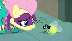 Size: 1280x720 | Tagged: safe, imported from derpibooru, screencap, fluttershy, saddle rager, firefly (insect), insect, pegasus, pony, power ponies (episode), season 4, female, mane, mare, moments before disaster, power ponies, sad