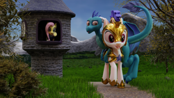 Size: 3840x2160 | Tagged: safe, artist:dieanondie, imported from derpibooru, fluttershy, princess ember, dragon, pony, 3d, blender, guard, high res