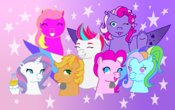 Size: 1621x1024 | Tagged: safe, artist:assertiveshypony, imported from derpibooru, applejack (g1), pinkie pie, potion nova, rainbow dash (g3), starsong, sundance (g2), sunsparkle, zipp storm, earth pony, pegasus, pony, unicorn, my little pony: pony life, digital art, g1, g2, g3, g3.5, g4, g4.5, g5, happy, looking at each other, looking at you, mlp fim's eleventh anniversary, my little pony: a new generation, potion, simple background