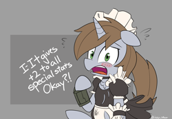 Size: 2550x1762 | Tagged: safe, artist:icey, imported from derpibooru, oc, oc only, oc:littlepip, pony, unicorn, fallout equestria, abstract background, blatant lies, blush sticker, blushing, clothes, cute, dialogue, embarrassed, female, floppy ears, gray background, maid, mare, ocbetes, open mouth, pipabetes, pipbuck, simple background, solo, text