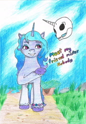 Size: 1145x1655 | Tagged: safe, artist:assertiveshypony, imported from derpibooru, izzy moonbow, unicorn, drawing, female, g5, grass, joke, my little pony: a new generation, simple background, skull, traditional art