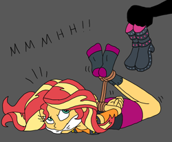 Size: 1540x1272 | Tagged: safe, artist:bugssonicx, imported from derpibooru, sunset shimmer, equestria girls, bondage, boots, cleave gag, cloth gag, clothes, female, gag, gray background, hogtied, looking back, muffled words, offscreen character, shoes, silhouette, simple background, socks, tied up