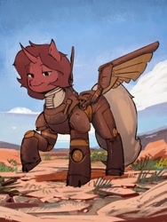 Size: 3000x4000 | Tagged: safe, artist:tungstenhale, imported from derpibooru, oc, oc only, oc:flechette, changeling, moth, mothling, original species, armor, cloud, desert, power armor, red changeling, sky