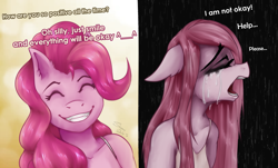 Size: 3588x2160 | Tagged: safe, artist:shamziwhite, imported from derpibooru, pinkie pie, anthro, earth pony, bust, crying, depression, duality, female, happy, high res, pinkamena diane pie, portrait, sad, smiling, solo, text