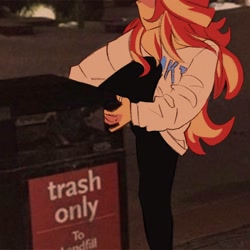 Size: 2048x2048 | Tagged: safe, artist:dreamz, imported from derpibooru, sunset shimmer, equestria girls, clothes, equestria girls in real life, female, high res, hoodie, irl, meme, pants, photo, ponified meme, redraw, self deprecation, solo, trash, trash can