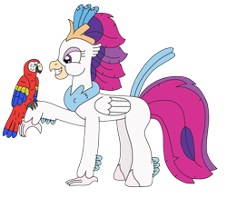 Size: 2807x2448 | Tagged: safe, artist:supahdonarudo, imported from derpibooru, queen novo, bird, classical hippogriff, hippogriff, macaw, parrot, scarlet macaw, series:novoember, my little pony: the movie, happy, high res, perching, pet, simple background, transparent background