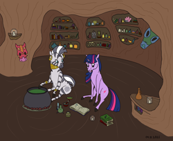 Size: 2520x2059 | Tagged: safe, artist:ononim, imported from derpibooru, twilight sparkle, zecora, pony, unicorn, zebra, book, bracelet, candle, cauldron, ear piercing, earring, female, flask, high res, jewelry, mare, mask, mlp fim's eleventh anniversary, mortar and pestle, necklace, piercing, quadrupedal, reading, sitting, tongue out, unicorn twilight, zecora's hut