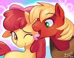 Size: 900x697 | Tagged: safe, artist:gsphere, imported from derpibooru, apple bloom, big macintosh, earth pony, pony, behaving like a dog, big macindog, brother and sister, duo, female, filly, licking, male, one eye closed, siblings, stallion, tongue out