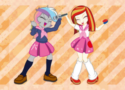 Size: 1044x753 | Tagged: safe, artist:michiyoshi, imported from derpibooru, oc, oc only, oc:poniko, oc:rokuchan, equestria girls, band, castanets, clothes, duo, equestria girls-ified, eyes closed, female, japan ponycon, microphone, open mouth, open smile, shirt, shoes, singing, skirt, smiling, socks