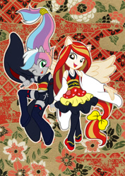 Size: 596x842 | Tagged: safe, artist:michiyoshi, imported from derpibooru, oc, oc only, oc:poniko, oc:rokuchan, equestria girls, bow, clothes, detached sleeves, dress, duo, equestria girls-ified, female, hair bow, holding hands, japan ponycon, microphone, one eye closed, open mouth, open smile, ponied up, shirt, shorts, smiling, spread wings, wings, wink