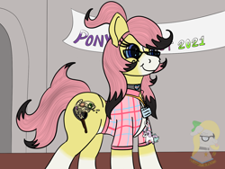 Size: 1600x1200 | Tagged: safe, artist:gray star, derpibooru exclusive, imported from derpibooru, oc, oc:sunny side(gray star), earth pony, ponyta, choker, convention, earth pony oc, female, flannel, glasses, plushie, pokémon, trans female, transgender