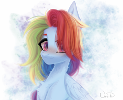 Size: 3865x3141 | Tagged: safe, artist:maybeweed, imported from derpibooru, rainbow dash, pegasus, pony, alternate hairstyle, chest fluff, cute, dashabetes, female, hair over one eye, high res, i really like her mane, looking at you, smiling, solo