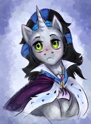 Size: 1209x1632 | Tagged: safe, artist:sombershadows, imported from derpibooru, king sombra, pony, unicorn, blushing, bust, good king sombra, male, simple background, solo, stallion
