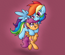 Size: 3538x3013 | Tagged: safe, artist:background basset, imported from derpibooru, rainbow dash, scootaloo, pegasus, pony, cute, duo, duo female, female, filly, flying, happy, high res, looking at each other, mare, multicolored hair, multicolored mane, multicolored tail, open mouth, open smile, purple eyes, rainbow hair, rainbow tail, scootalove, simple background, smiling, spread wings, tail, wings