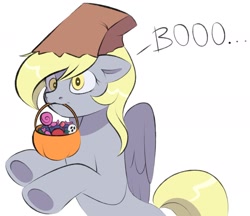 Size: 2121x1830 | Tagged: safe, artist:vetta, imported from derpibooru, derpy hooves, pegasus, pony, boo, candy, clothes, costume, female, floppy ears, food, halloween, holiday, mouth hold, nightmare night costume, paper bag, paper bag wizard, pumpkin bucket, shiny mane, simple background, solo, underhoof, white background