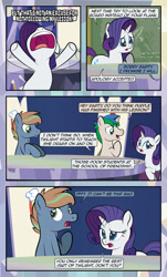 Size: 1920x3169 | Tagged: safe, artist:alexdti, imported from derpibooru, rarity, oc, oc:brainstorm (alexdti), oc:star logic, pony, unicorn, comic:quest for friendship, bipedal, chalkboard, comic, esophagus, female, flailing, high res, horn, implied twilight sparkle, male, mare, mawshot, nose in the air, open mouth, speech bubble, stallion, trio, twilight's castle, unicorn oc, uvula, volumetric mouth