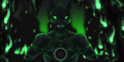 Size: 1800x900 | Tagged: safe, artist:kyyrin, imported from derpibooru, oc, oc only, oc:villainshima, anthro, changeling, hybrid, insect, anthro oc, black hole, chitin, clothes, fangs, fire, green changeling, green fire, solo, teeth