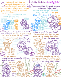 Size: 4779x6013 | Tagged: safe, artist:adorkabletwilightandfriends, imported from derpibooru, starlight glimmer, zephyr breeze, oc, oc:cindy, oc:ellen, oc:gray, oc:tim, earth pony, pony, unicorn, comic:adorkable twilight and friends, absurd resolution, adorkable, adorkable friends, blushing, box, boxes, bush, chocolate, clipboard, clothes, cold, comic, curb, cute, dork, drink, earth pony oc, eyebrows, female, food, germaphobe, glasses, glimmerbetes, glowing, glowing horn, grocery store, horn, hot chocolate, itching, jeans, kindness, magic, magic aura, male, mare, name tag, nostril flare, nostrils, pants, picture, poster, red nosed, rubbing, rubbing nose, shirt, sick, sign, sitting, slice of life, sniffing, sniffling, stallion, store, stubble, sympathy, telekinesis, tickling, tree, wall of tags, warehouse, work, working