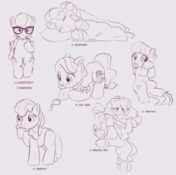 Size: 1244x1235 | Tagged: safe, artist:drafthoof, imported from derpibooru, apple bloom, diamond tiara, lily longsocks, silver spoon, sweetie belle, earth pony, pony, unicorn, both cutie marks, catgirl, clothes, eyes closed, female, filly, magical girl, pigtails, randoseru, sleeping, sleepover, swimsuit, twintails