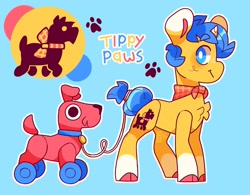 Size: 3203x2500 | Tagged: safe, artist:cocopudu, imported from derpibooru, oc, oc only, oc:tippy paws, dog, earth pony, pony, blue background, chest fluff, high res, looking at you, simple background, smiling, solo, toy, white outline, white pupils